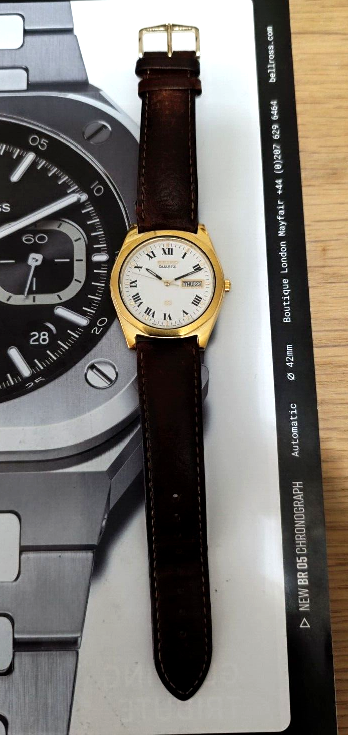 Seiko SQ Day Date 5Y238250 Oct 1989 Gold Quartz Mens Vintage Watch