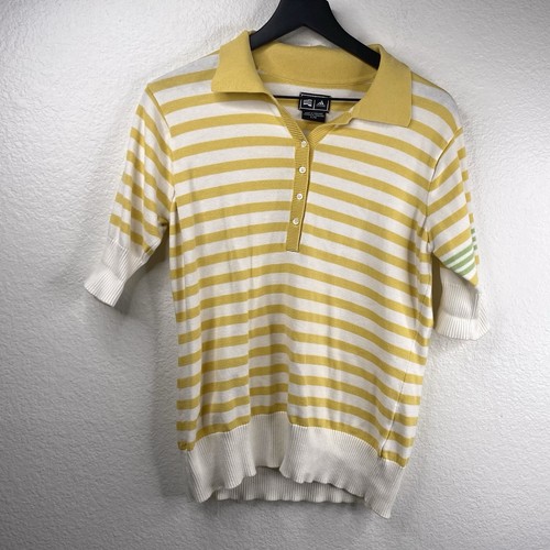 Adidas Top Women's Yellow Sz L Polo Striped Short Sleeves Golf Tennis Pickleball