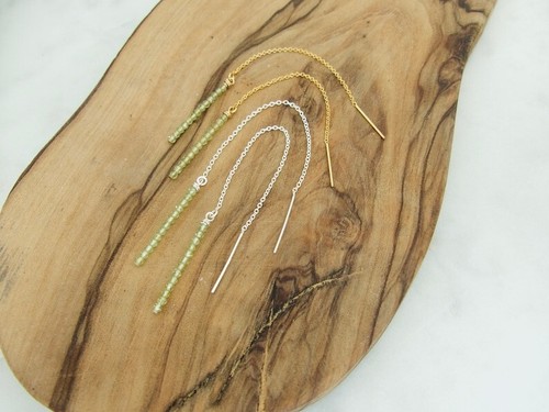 Peridot Faceted Round Tiny Beads Gold & Silver Long Chain Threader Drop Earrings - Picture 18 of 18