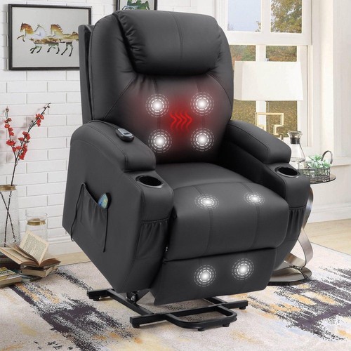 Power Lift Recliner Chair for Elderly with Heat / Massage and Cup Holder - Black - Picture 8 of 15