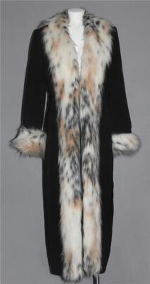 Vtg Donna Vinci Long Faux Fur Trim & Cuffs Lined Black Maxi Coat Wm's 8 Pristine