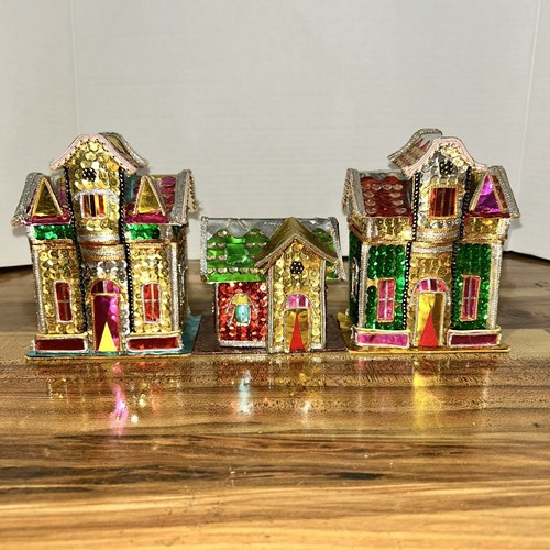 Menge 3 Vintage The Bombay Company Weihnachten Putz Pailletten Schmuckschatulle Häuser
