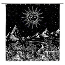 Mountain Shower Curtain Black and White Floral Plant Abstract Moon Sun Night ...