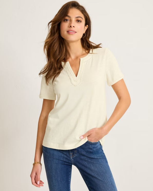 Tommy Bahama Scallop Trim V-Neck Lux T-Shirt - Coconut (New)
