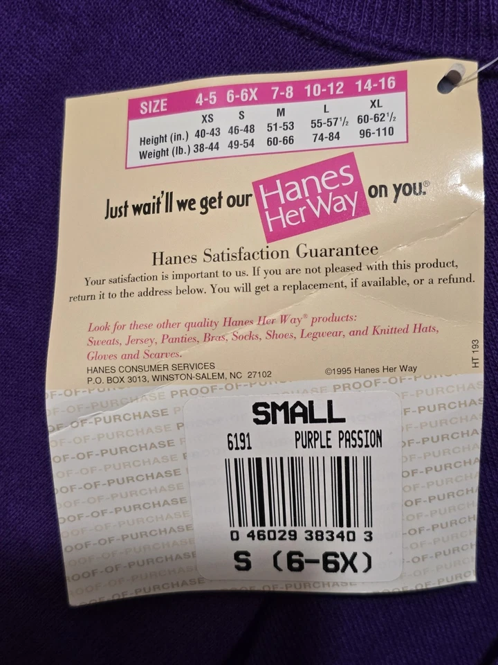 Vintage 90s Hanes Her Way Sweatshirt Small 6-6X Purple Passion NOS 1995 USA... - Image 3 of 4