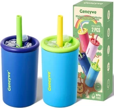 2 PACK Kids Double Walled Stainless Steel Cups with Straws and Small, Blue 