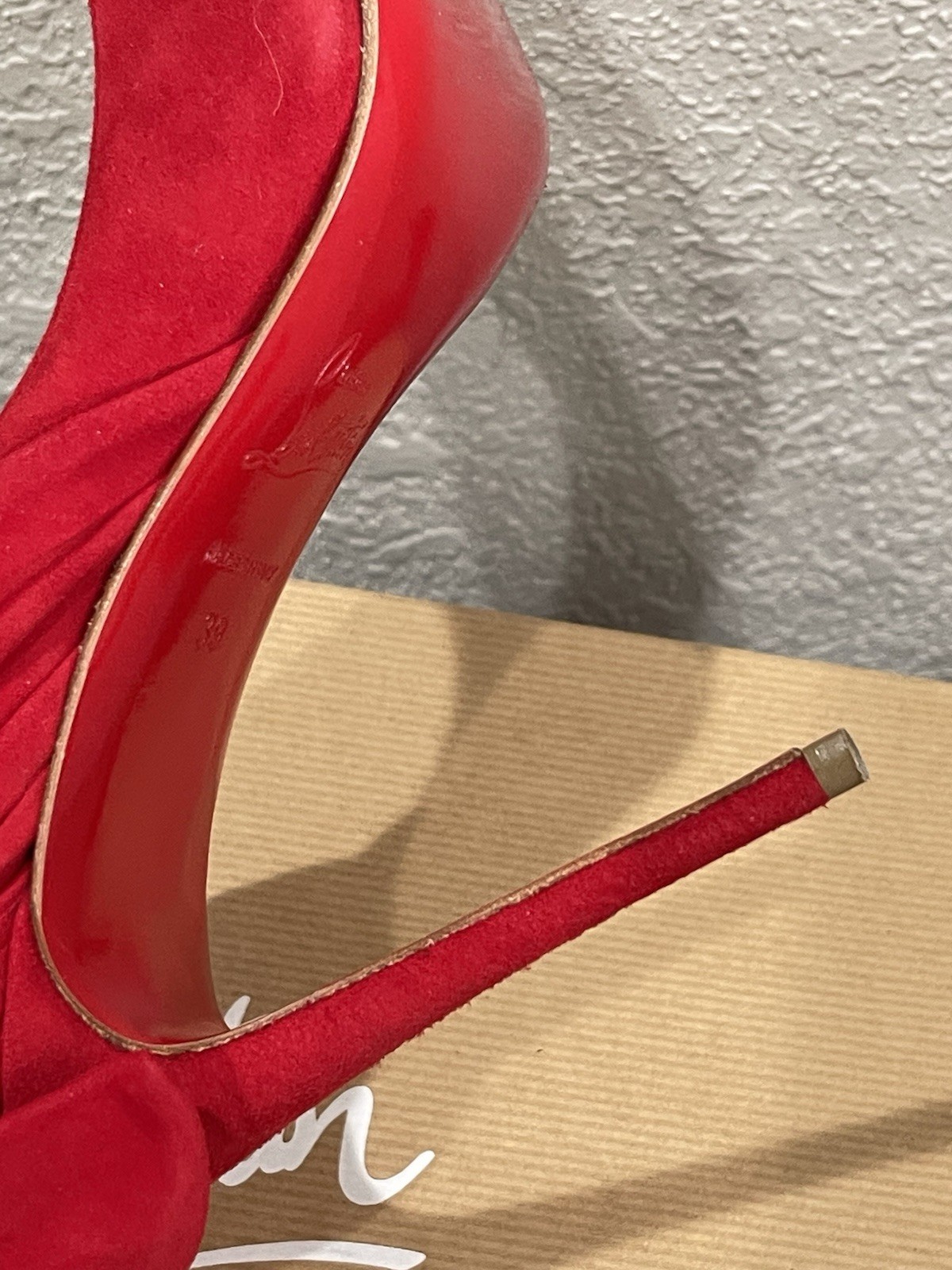 Cristian Louboutin Peep Toe Heels Red Suede Leather Women's Size 39 Barbara 100 image 8
