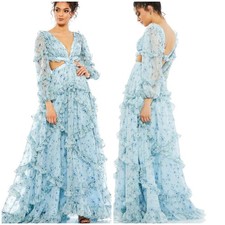 Mac Duggal NWT Ruffle Tiered Floral Cutout Long Sleeve Chiffon Gown Blue Size 2