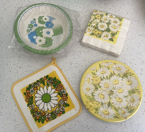 Vintage 1970s Pot Holder plates napkins Retro Daisy Hippie Groovy NOS