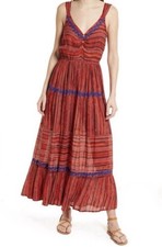 Raga XS Maxi Dress Josefina Sleeveless Tiered Red Blue Silver Embroidered NWT