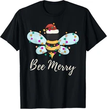 Bee Merry Christmas Bee Wears Santa Hat Xmas lights T-Shirt