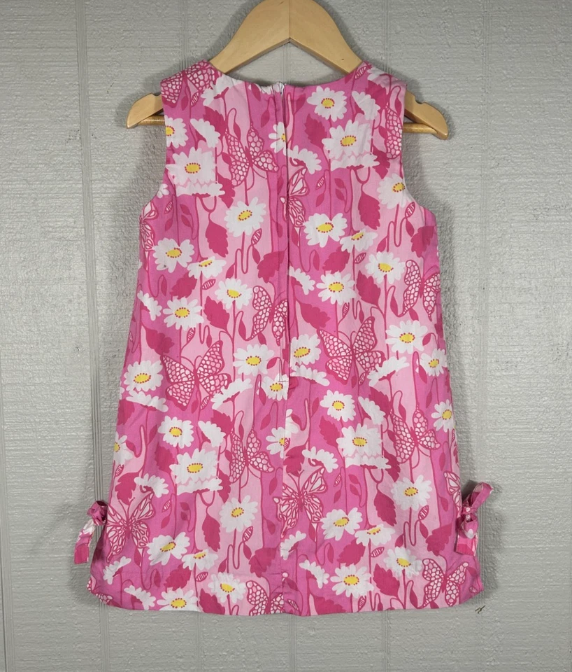 Lilly Pulitzer White Label Girls Sz 4 Shift Dress Pockets Daisy Butterfly Pink - Image 2 of 4