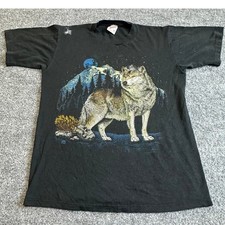 Jerzees T-Shirt Mens Size M Black Vintage Wolf Graphic Nature USA Made Stained