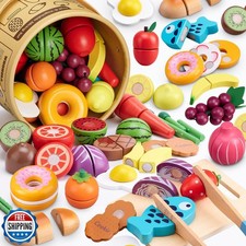 45 Pcs Wooden Play Food for Kids Kitchen, Pretend Cutting Fruit V