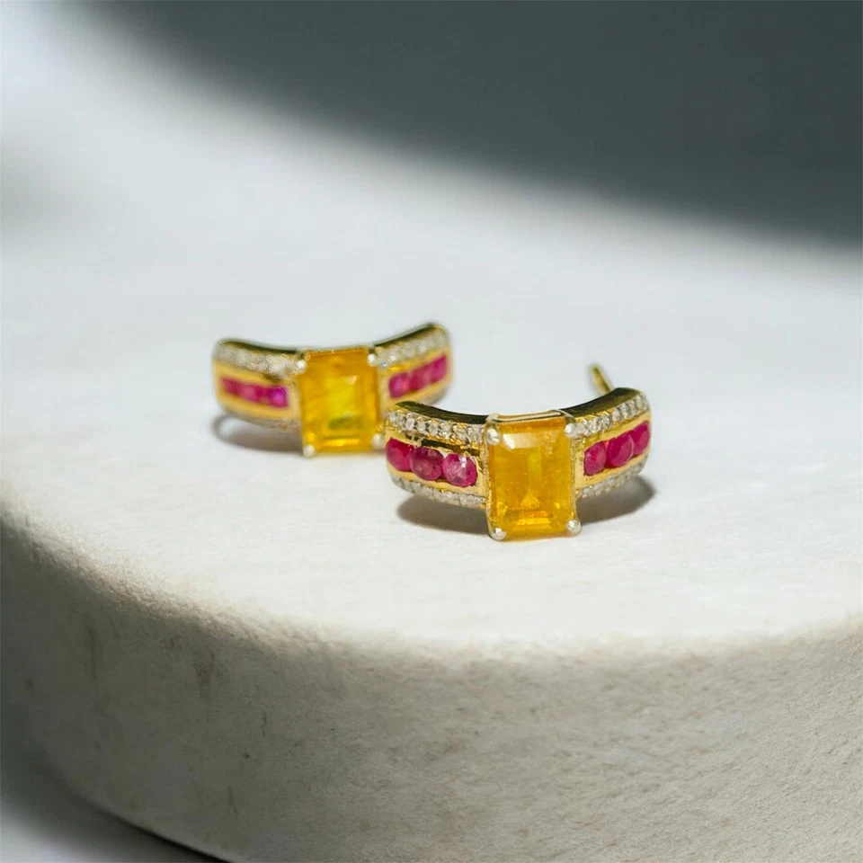 Natural Yellow Sapphire Ruby Earrings | 14K Gold Plated Vintage Style Stud - Image 2 of 4