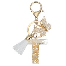 Alphabet t Tassel Butterfly Initial Letter Keychain Gold Tone/White, Pack of 1