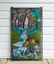 20" x 33.75" Tiffany Style stained glass window panel Deer Drinking Water HF446