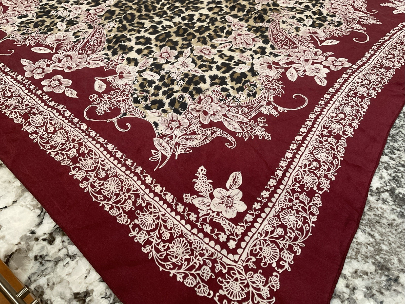 Adrienne Landau Studio Silk Blend 35” Square Bandana Maroon Leopard Scarf