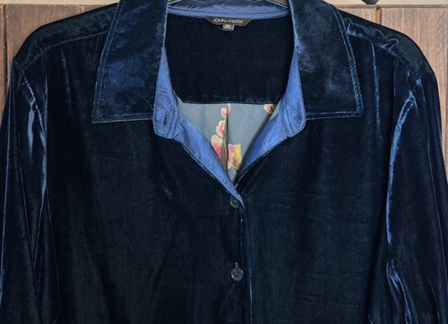 John Mark 3X Blue Velvet Floral Back Long Sleeve Button Front Top NEW $139 - Picture 5 of 12