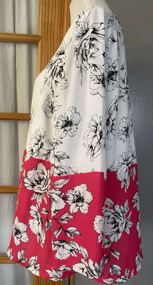 Blusa Floral Alfani Mujer 1X Blanco Rosa Gasa Cremallera Cottagecore Boho Carrera Foto 3 de 4