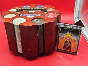 Vintage Wooden Poker Chip Carousel Holder with Playing Cards & Chips