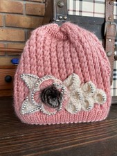 Knitted Crochet Pink Beanie Floral Rhinestone Detail Winter Hat