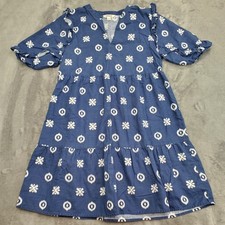 Womens Dress Size M Mini Linen Blend Ruffle Blue White Print Beach Resort Party