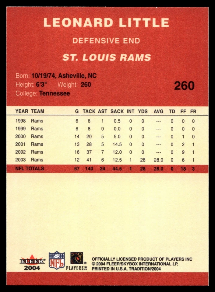 2004 Fleer Tradition Leonard Little #260 St. Louis Rams - Image 2 of 2