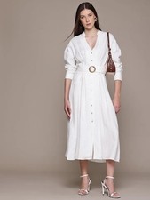 MANGO WHITE LINEN SHIRT MIDI DRESS WITH BELT Size M