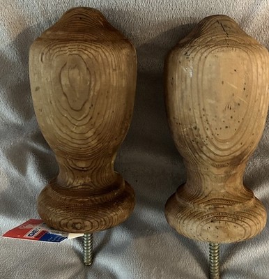 Set of 2 Vtg Solid Redwood Easy Turn Post Finial 6  Gerber Industries Screw