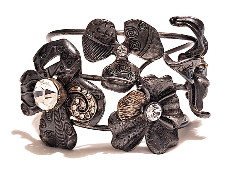Vintage Style Antiqued Silver Tone Floral Cuff Bracelet Rhinestone Brass Accent