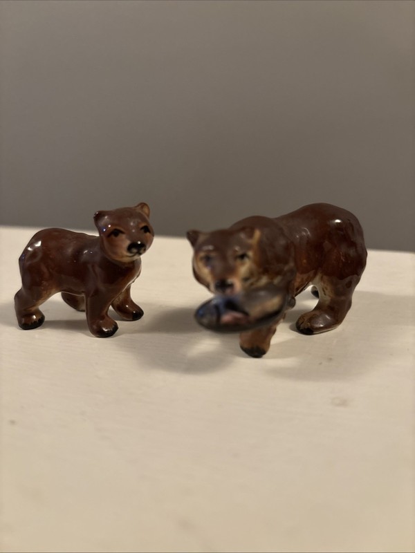 Vintage Bone China Bear With Fish and Baby Bear