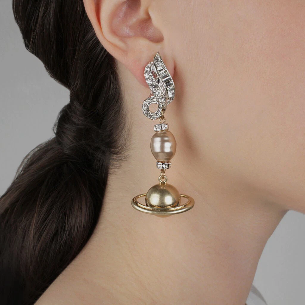 325 Lulu Frost Women Gold Plated Saturn Star Statement Crystal Clip On Earrings