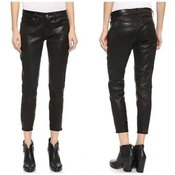 Frame Denim 'Le Garcon' Lamb Leather Cropped Pants Black Size 27