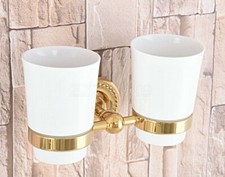Gold Color Brass Wall Mounted Toothbrush Holder with Double Ceramic Cups Zba599