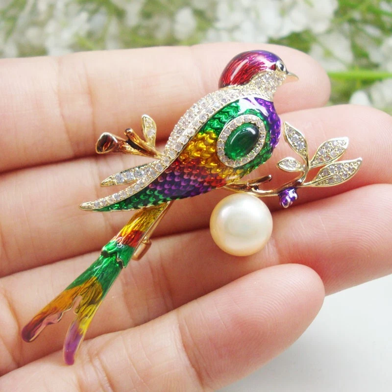 Crystal Brooch Multi-colour Magpie Bird Woman's Pearl Gold Tone Brooch Pin