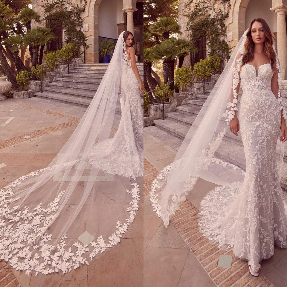 婚礼新娘面纱 1 层大教堂长度花边波浪边带梳子贴花 — 第 3/4 张图片