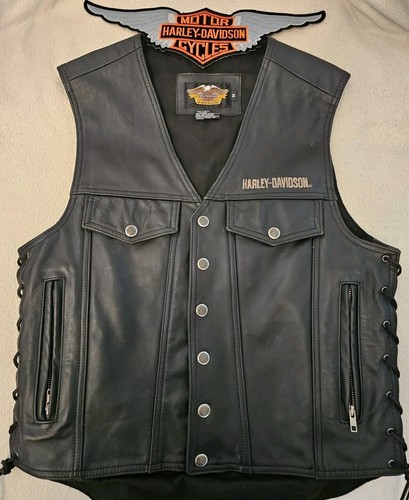 Harley Davidson Men PISTON II Black Leather Vest Medium W/WING PATCH READ DESCRP