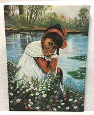 Vintage African American Art YOUNG GIRL Pond Canvas Print Nursery Signed 12x16