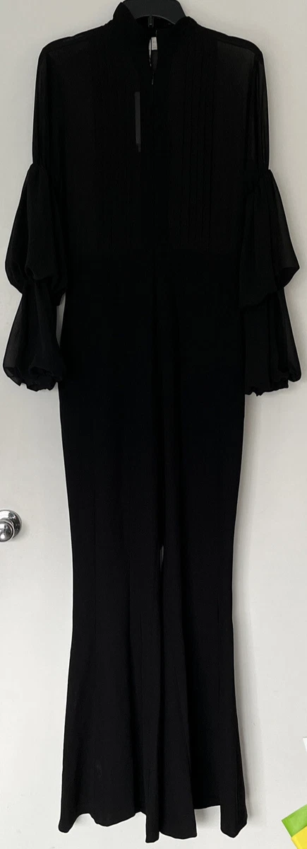 SAIID KOBEISY Jet Black Jumpsuit Sheer Bubble Sleeves Crepe Flare Bottoms US 8