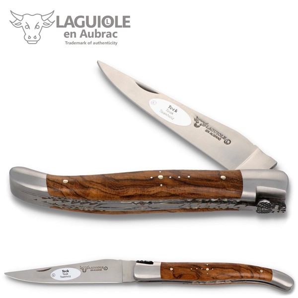 Laguiole En Aubrac Messer 12Cm - Teakholz Maserknolle - Doppelplatine - Matt-image