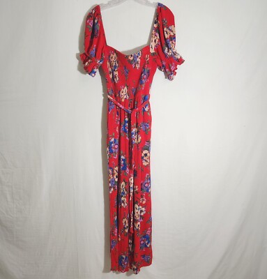 Band of Gypsies Floral Romper Size M Red Boho Hippie Shirred Bust