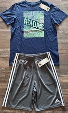 NWT Adidas Boys YLG Gray/Navy Blue/Green Sports Park Scene Shorts Set Large