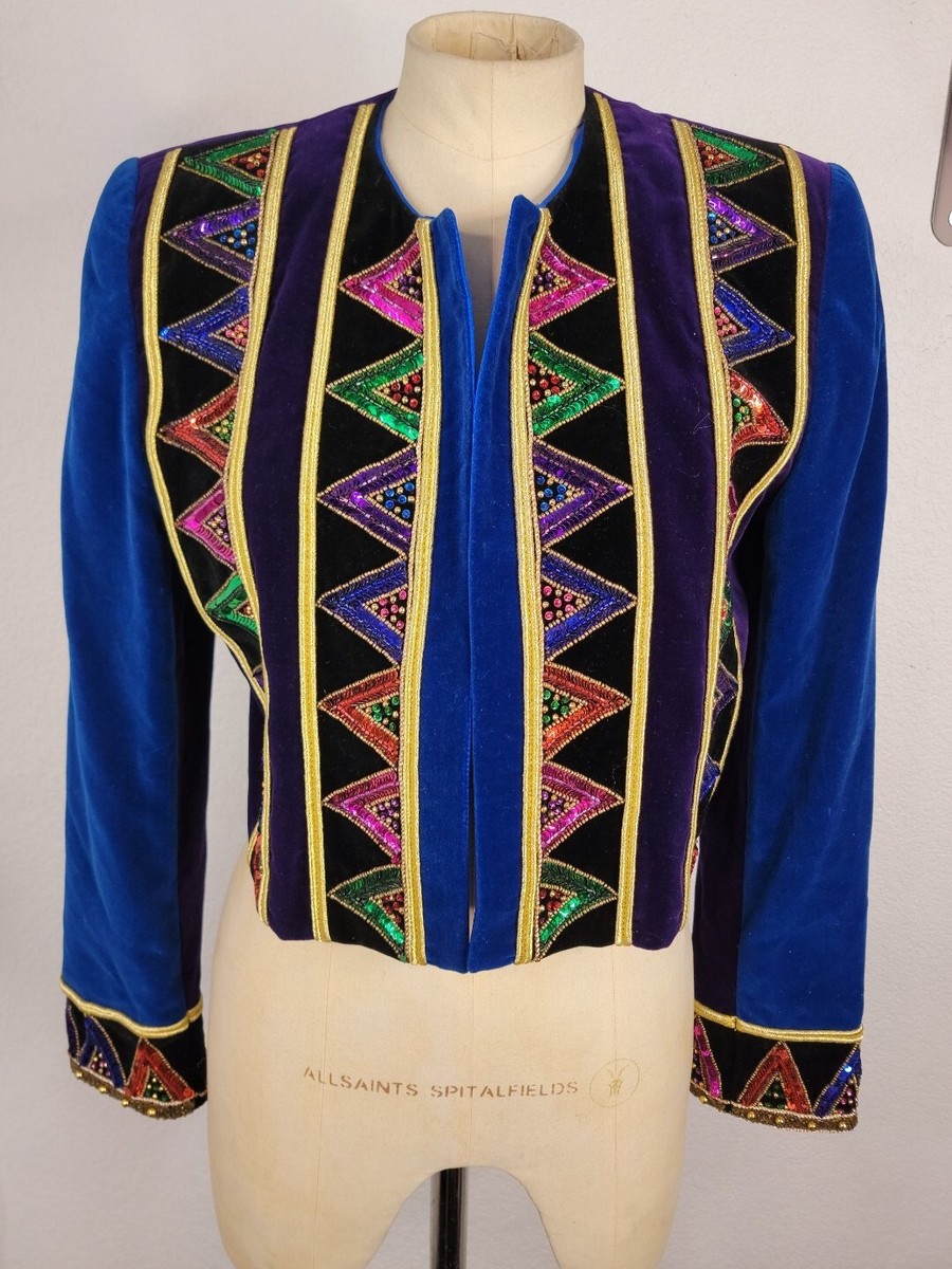 Vintage ESCADA SZ 34 Chevron Sequined Velvet Jacket Boxy Bolero 