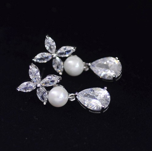 Flower Pearl All Cubic Zirconia CZ Pierced Wedding Party Prom Necklace Earrings - Picture 3 of 5