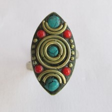 Tibetan Silver Turquoise Red Coral Original Jewelry Adjustable Unisex Ring R54
