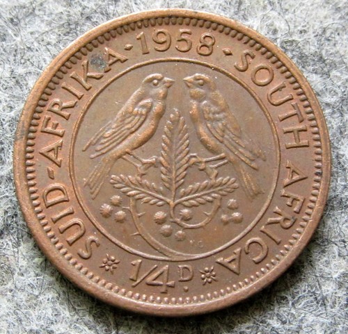 SOUTH AFRICA ELIZABETH II 1958 1/4 PENNY, CAPE SPARROWS ON ACACIA BRANCH