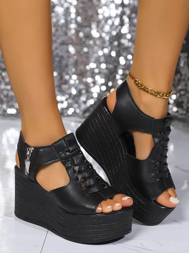 Sommer Damen Gothic Peeptoe hohe Keilabsatz Fersenriemen Schuhe Plateau Sandalen - Bild 10 von 17