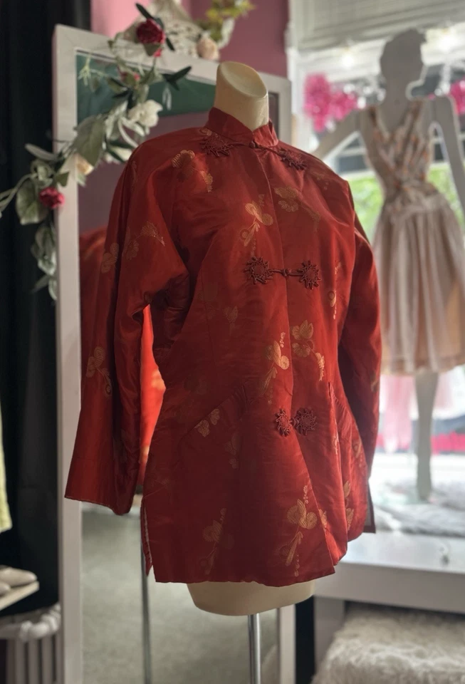 Antigua Chaqueta Asiática China Seda Años 20 30 Roja Oriental Jacquard Art Deco M Foto 4 de 4
