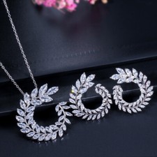 Silver Plated Leaf Drop Earrings Necklace Women Cubic Zirconia Party Jewelry Set